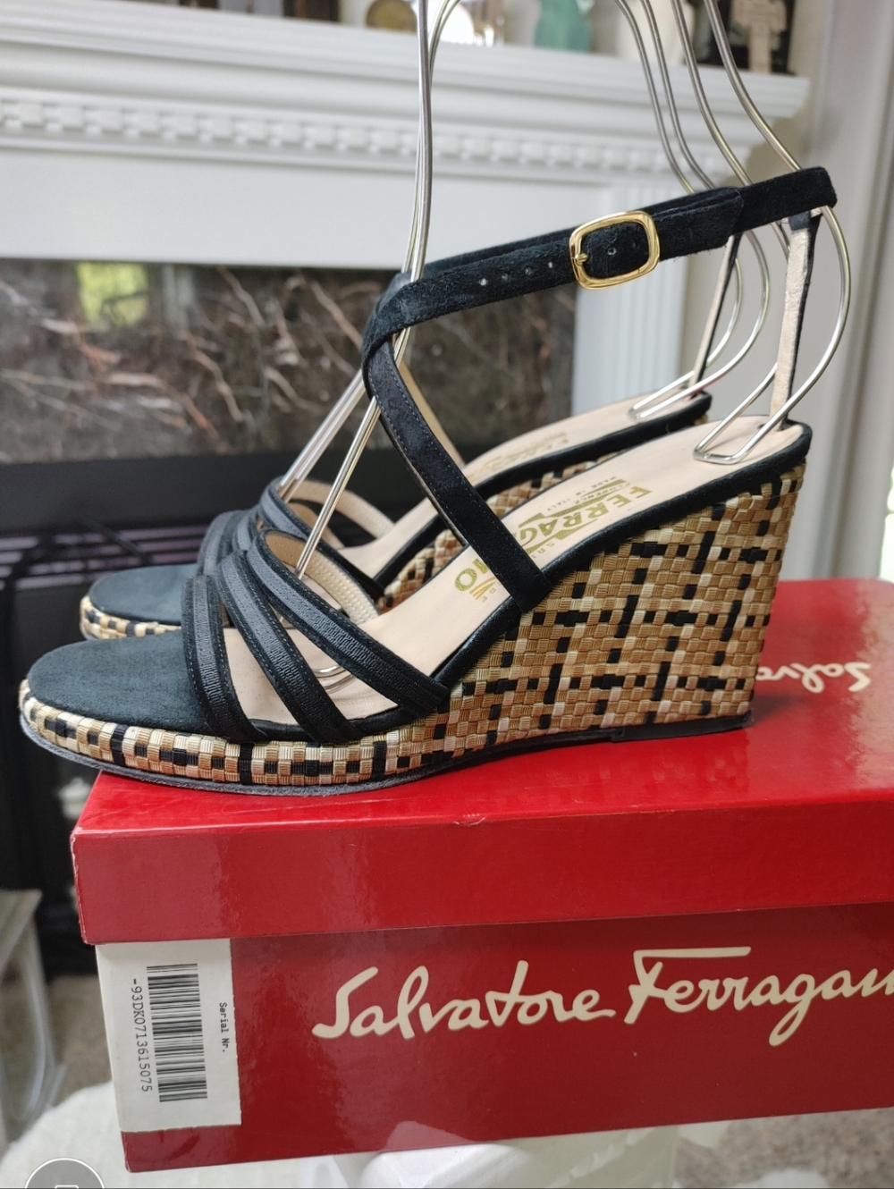 SALVATORE FERRAGAMO GILDA SUEDE & WOVEN WEDGE SANDAL 7.5